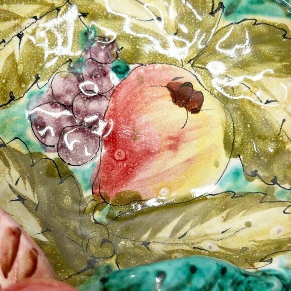 Vintage Italian Hand Painted Pottery Majolica Fruits Leaves Divided Serving Dish - Picture 10 of 13